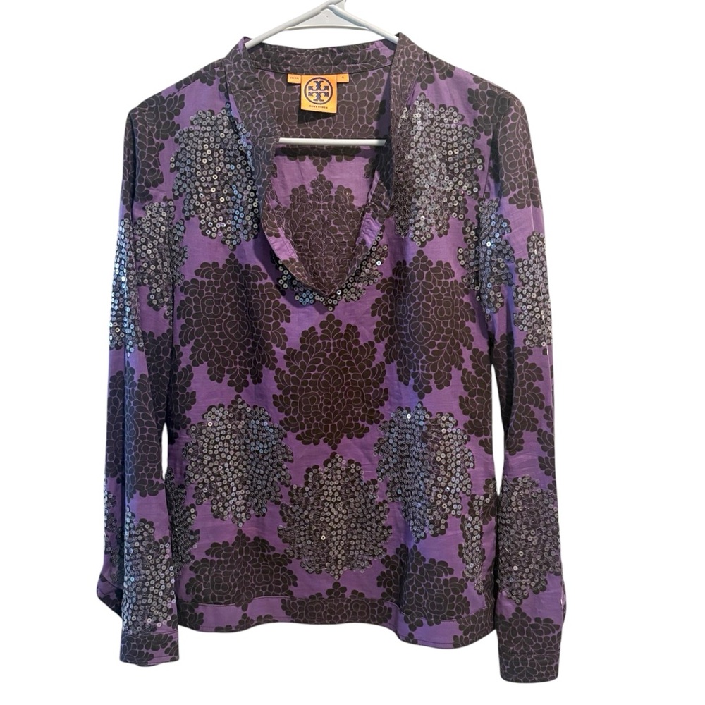 Tory Burch Sequin Bling Blouse Top Flared Sleeve Sz 4 Purple Floral Cotton